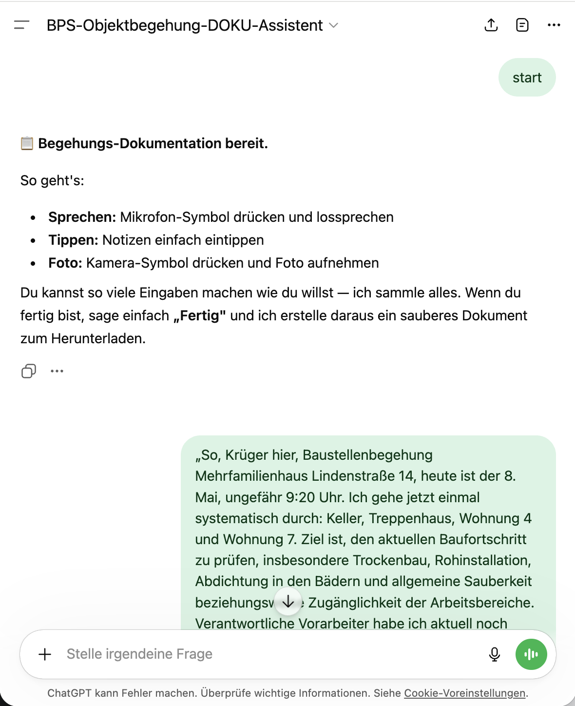 ChatGPT-Fenster mit geöffnetem Begehungs-Assistenten