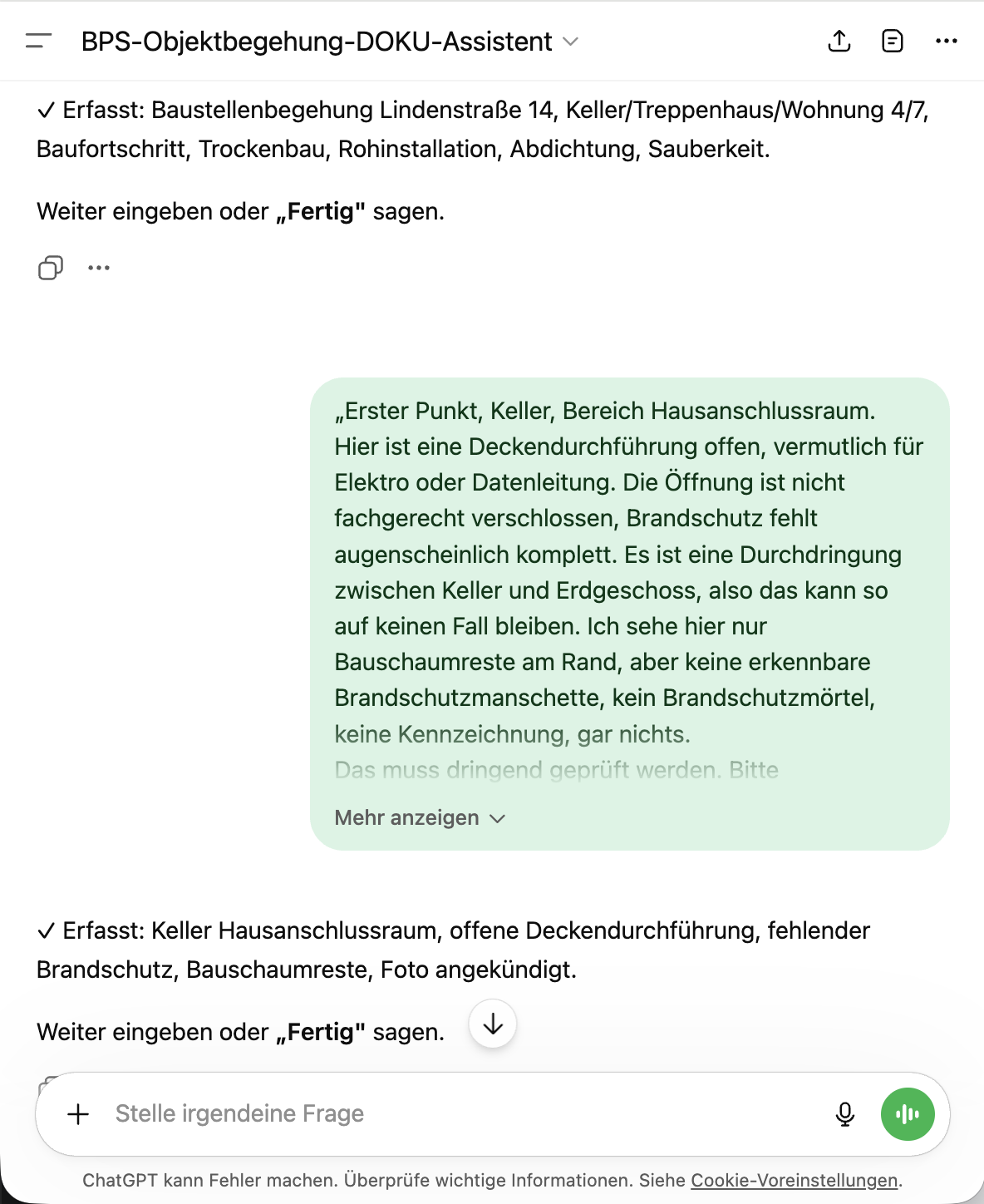 Mehrere Begehungs-Eingaben im Chat des Assistenten