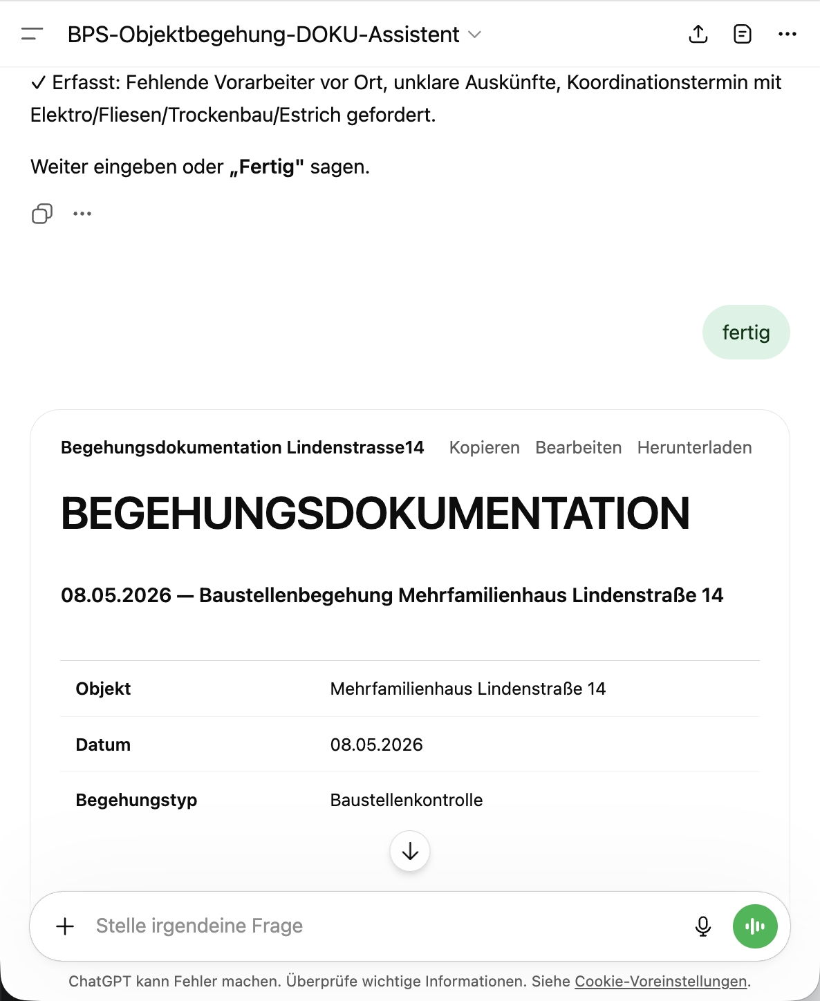 Assistent verarbeitet gesammelte Eingaben